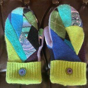 Handmade felted wool/cashmere Colorful Patchwork Mittens with Buttons
